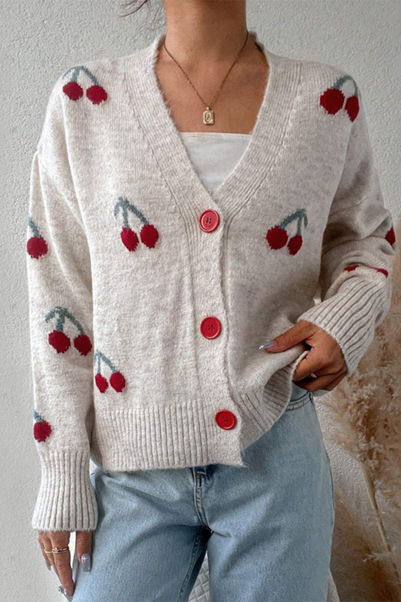 Lila - Cardigan Patchwork à Col V avec Boutons en Forme de Fruits pour Femme