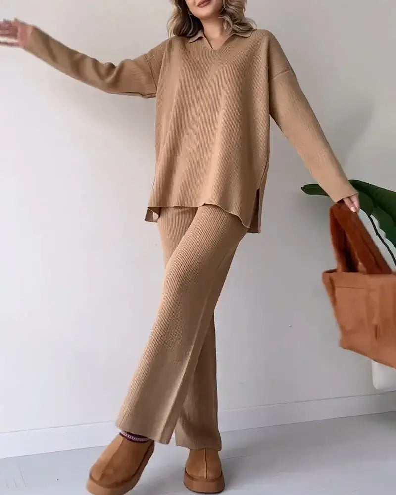 Lea - Ensemble Deux Pièces Tricoté avec Col V pour Femmes