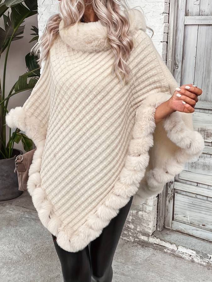 Susan - Poncho d'Hiver Beige Stylé et Confortable avec Fourrure Synthétique pour Femmes