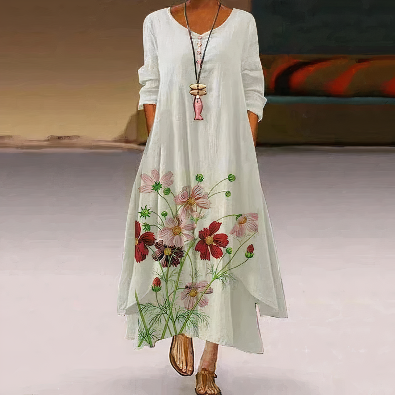 Robe longue bohème et fluide à fleurs avec manches longues pour femme