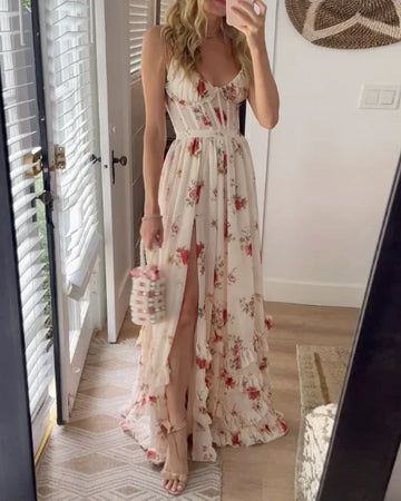 Robe longue fleurie romantique et fluide avec fente pour Femme