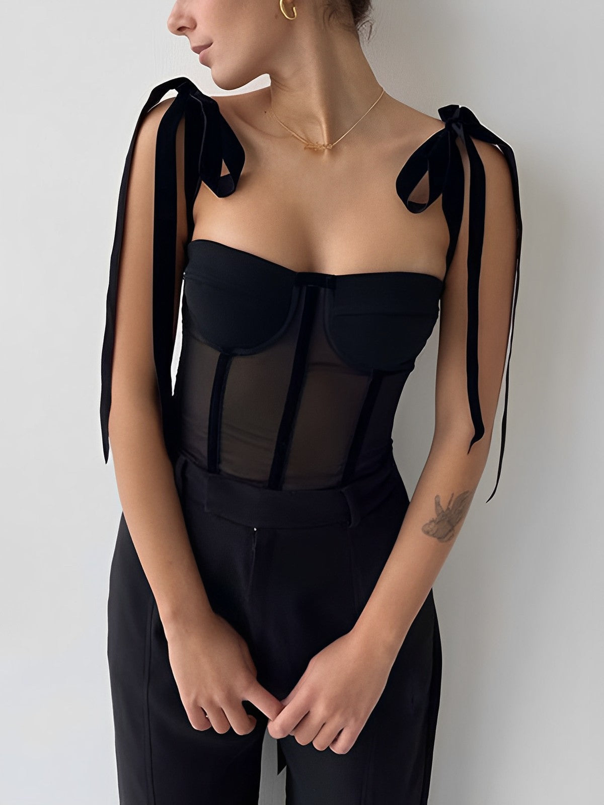 Top Corset Élégant en Mesh Noir Pour Femme