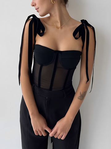 Top Corset Élégant en Mesh Noir Pour Femme