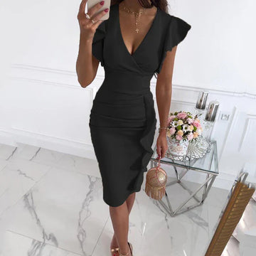 Robe Élégante à Col V avec Manches Froncées pour Femme | Noelia