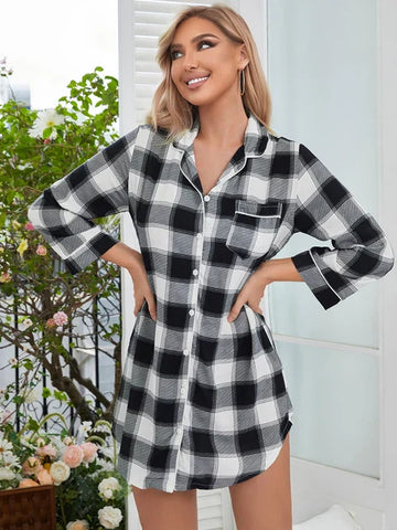 Diane - Chemise de Nuit Stylée à Carreaux Noir et Blanc pour l'Automne pour Femmes