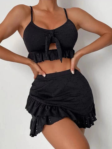 Ensemble de Bain Stylé 3 Pièces avec Volants et Jupe pour Femme
