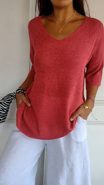 Haut Tricoté Loose Simple à Col V Confortable et Polyvalent pour Femme