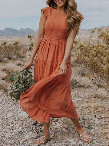 Robe Midi Évasée Élégante et Fluide avec Smocks pour Femme