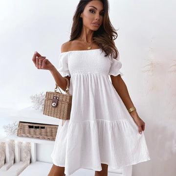 Robe Smockée et Volante à Épaules Dégagées pour Femme