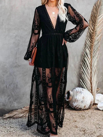 Robe Maxi Bohème Élégante et Fluide en Dentelle à Col V pour Femme